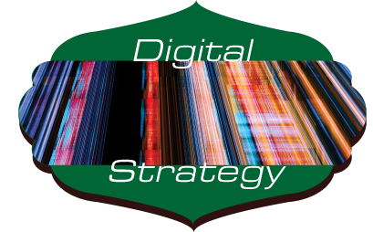 A shield shape showing words Digital Strategy on colorful lines.