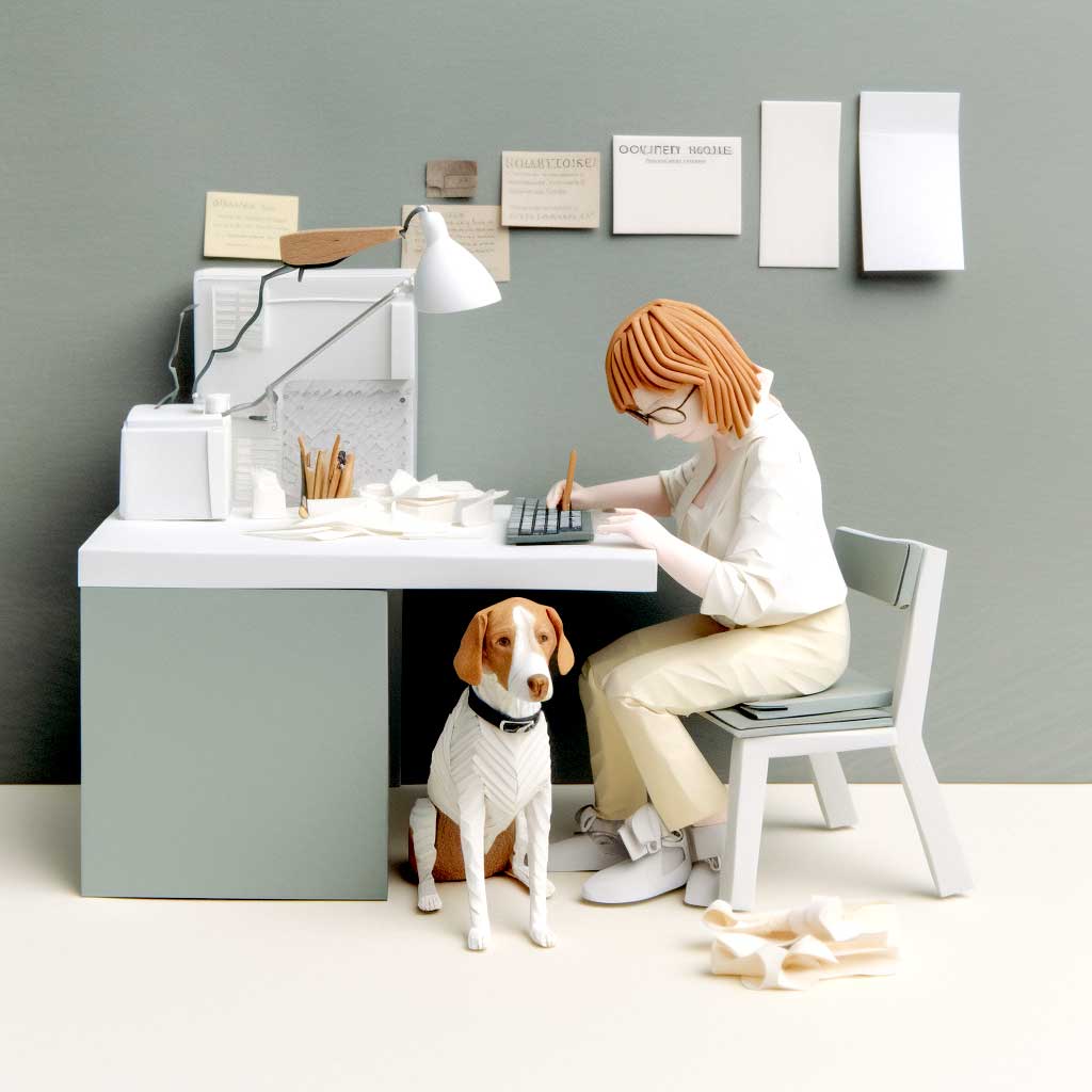 Illustration of blind woman using a keyboard at a desk and her service dog under the a desk.