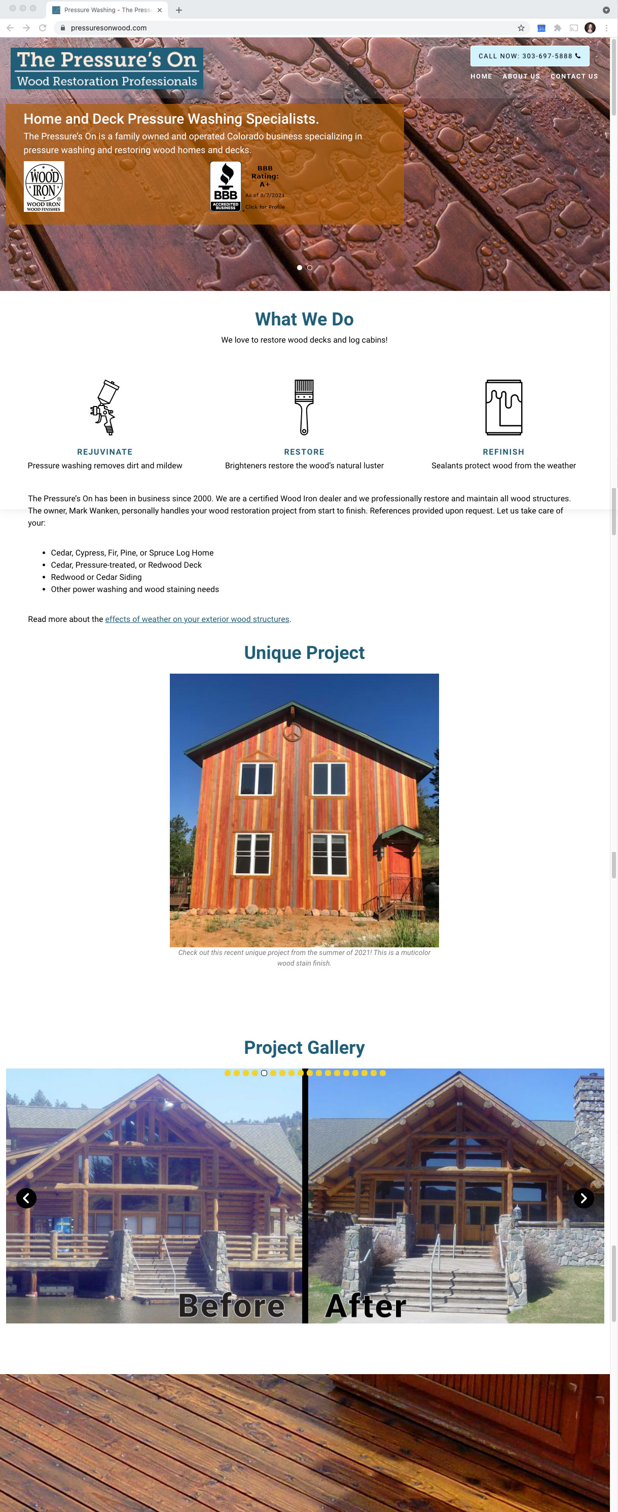 screenshot of a wood restoration professional's website